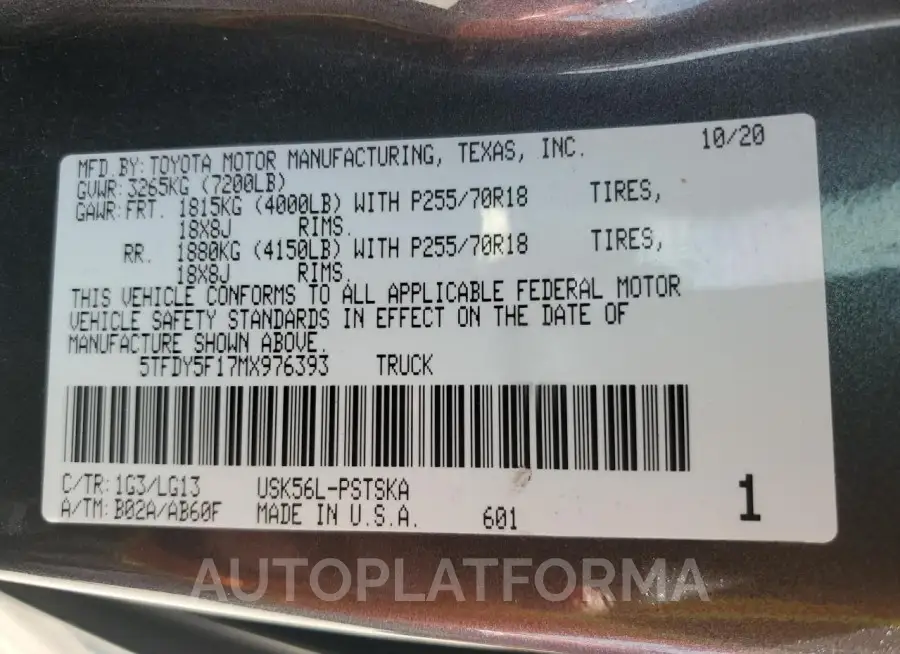 TOYOTA TUNDRA CRE 2021 vin 5TFDY5F17MX976393 from auto auction Copart