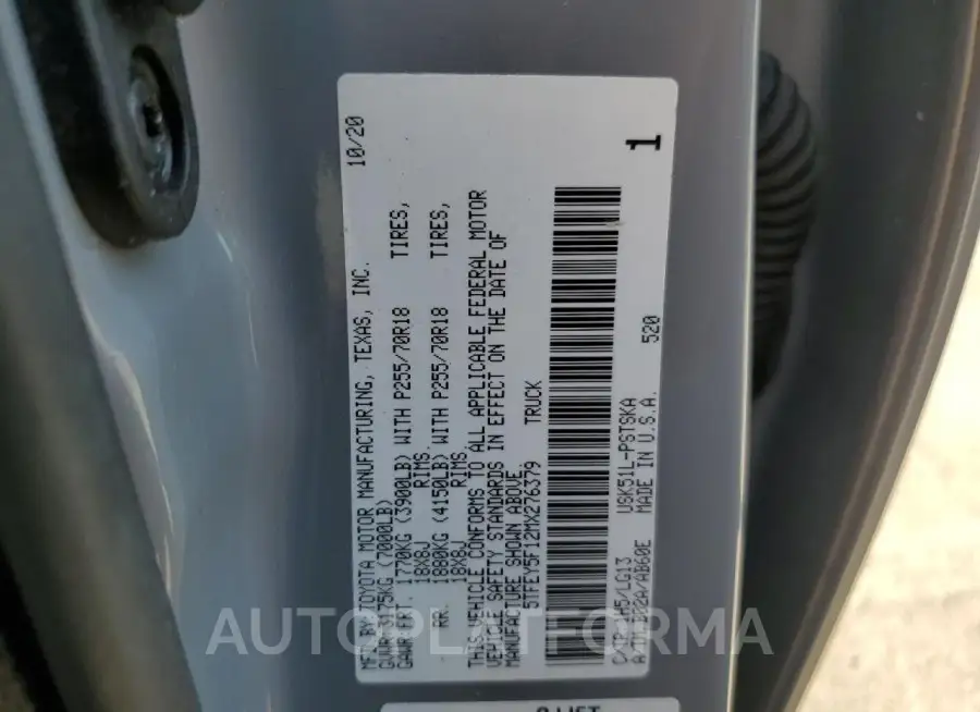 TOYOTA TUNDRA CRE 2021 vin 5TFEY5F12MX276379 from auto auction Copart