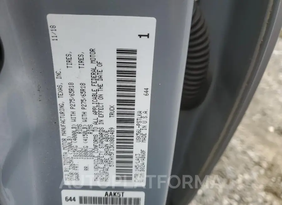 TOYOTA TUNDRA CRE 2019 vin 5TFHY5F13KX801489 from auto auction Copart