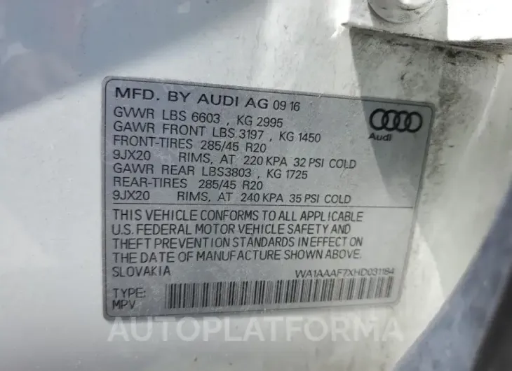 AUDI Q7 PREMIUM 2017 vin WA1AAAF7XHD031184 from auto auction Copart