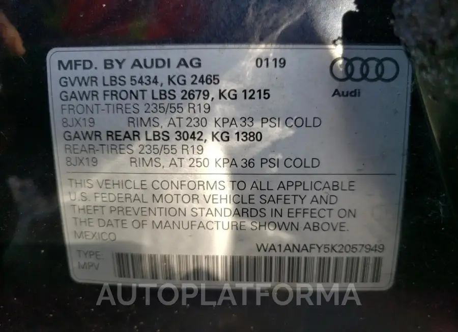 AUDI Q5 PREMIUM 2019 vin WA1ANAFY5K2057949 from auto auction Copart