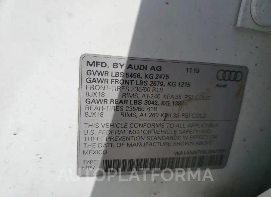 AUDI Q5 PREMIUM 2020 vin WA1ANAFY5L2047309 from auto auction Copart