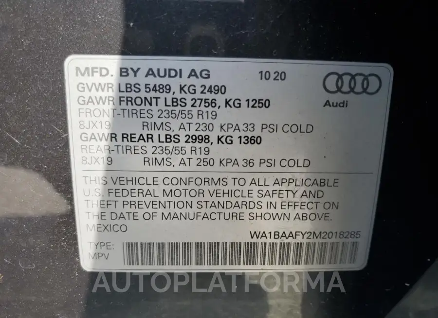 AUDI Q5 PREMIUM 2021 vin WA1BAAFY2M2018285 from auto auction Copart