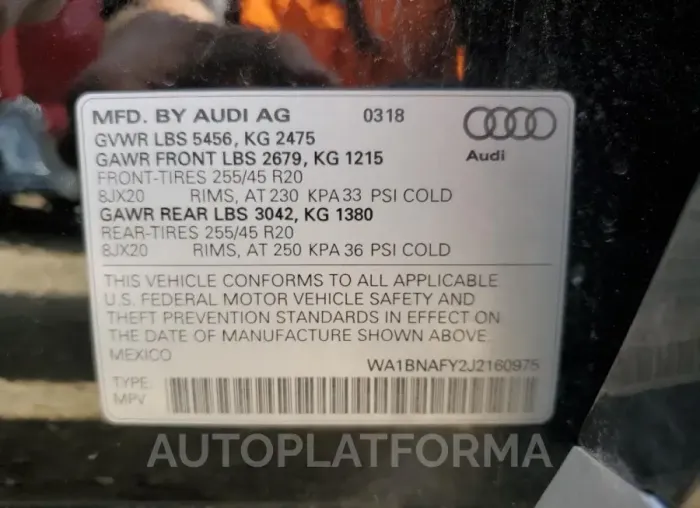 AUDI Q5 PREMIUM 2018 vin WA1BNAFY2J2160975 from auto auction Copart