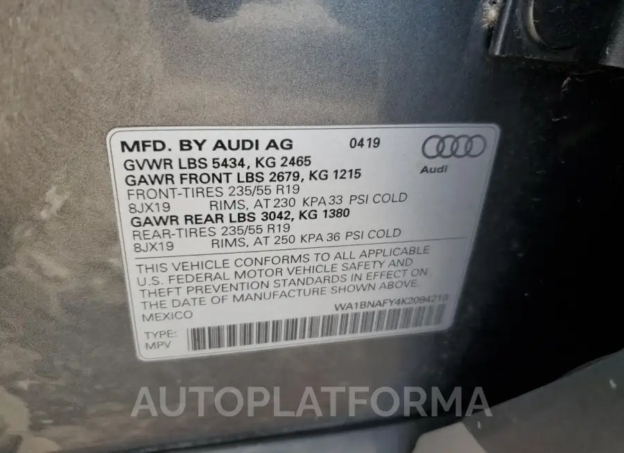 AUDI Q5 PREMIUM 2019 vin WA1BNAFY4K2094219 from auto auction Copart