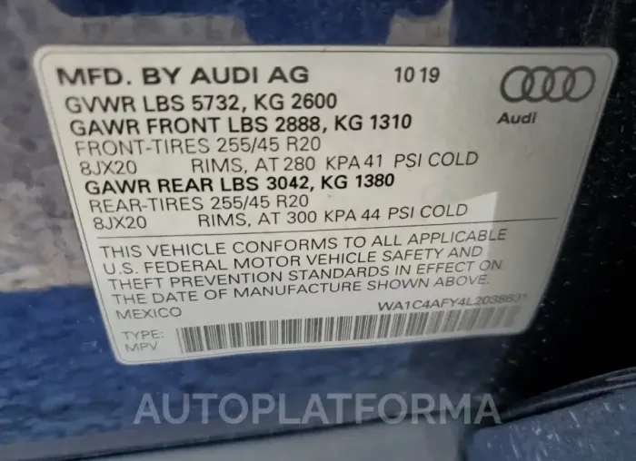 AUDI SQ5 PRESTI 2020 vin WA1C4AFY4L2038631 from auto auction Copart