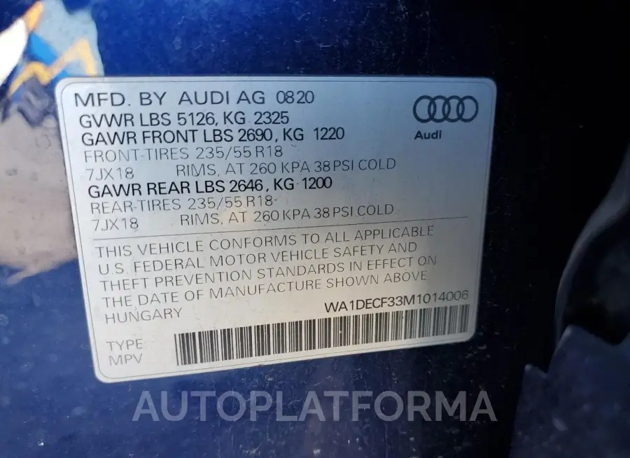 AUDI Q3 PREMIUM 2021 vin WA1DECF33M1014006 from auto auction Copart