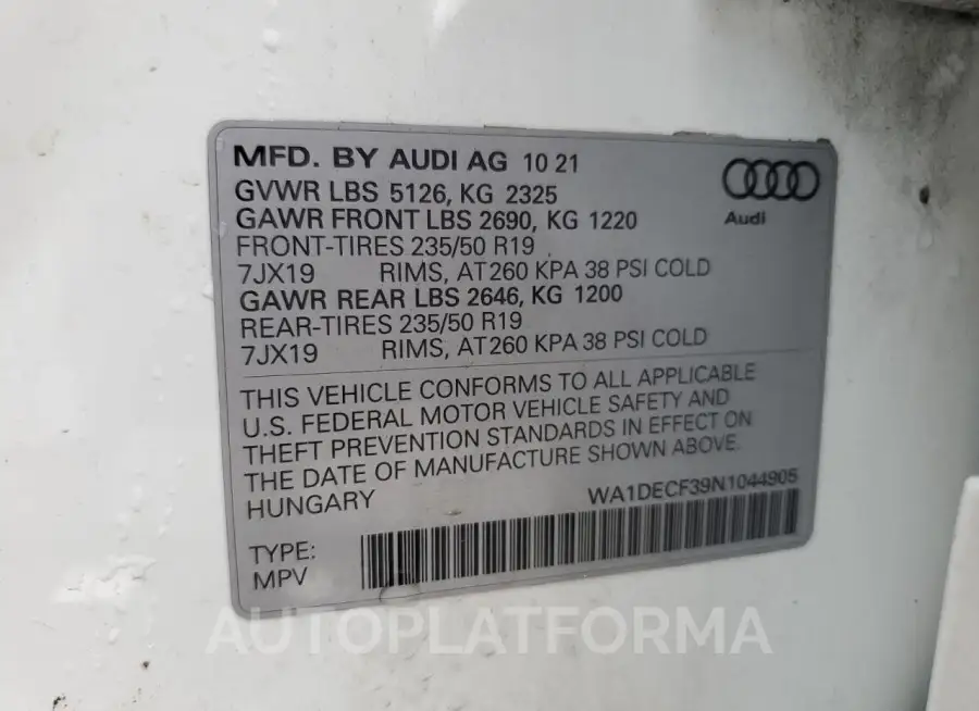 AUDI Q3 PREMIUM 2022 vin WA1DECF39N1044905 from auto auction Copart