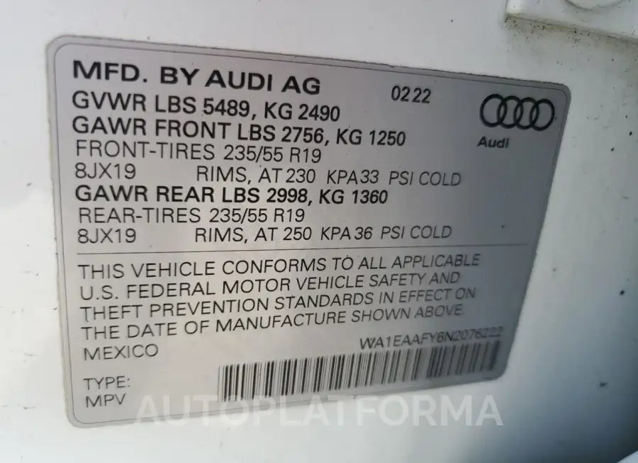 AUDI Q5 PREMIUM 2022 vin WA1EAAFY6N2076222 from auto auction Copart