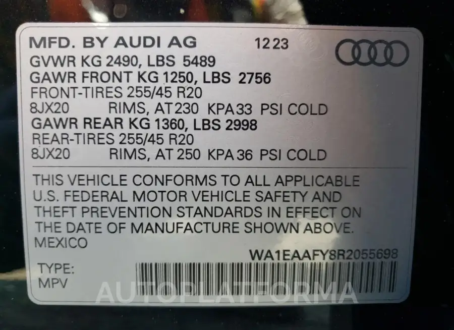 AUDI Q5 PREMIUM 2024 vin WA1EAAFY8R2055698 from auto auction Copart