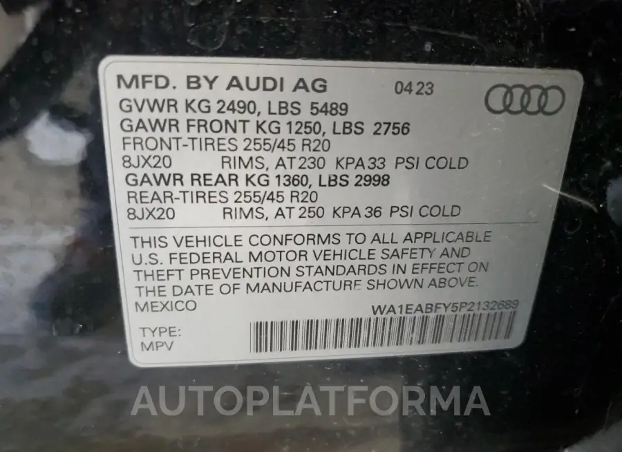 AUDI Q5 PREMIUM 2023 vin WA1EABFY5P2132689 from auto auction Copart