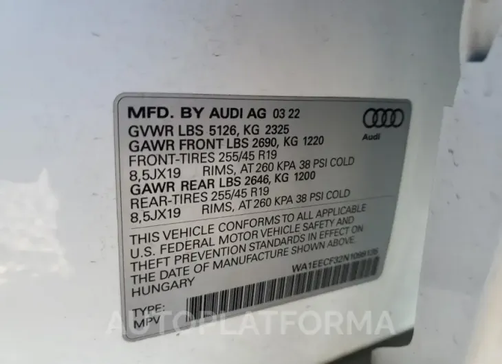 AUDI Q3 PREMIUM 2022 vin WA1EECF32N1099135 from auto auction Copart