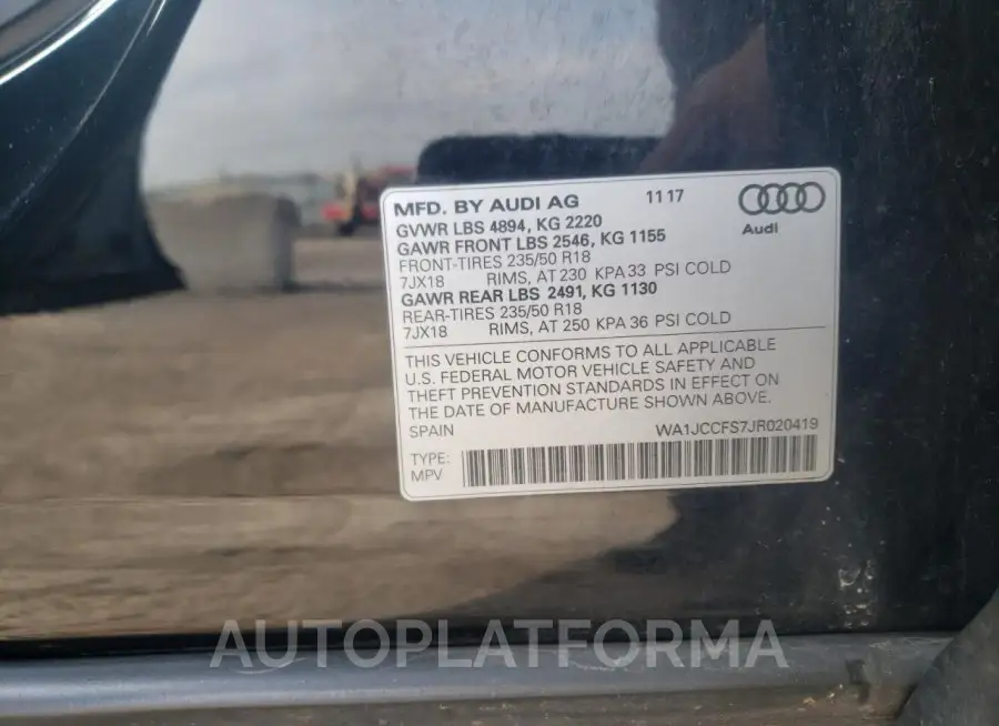 AUDI Q3 PREMIUM 2018 vin WA1JCCFS7JR020419 from auto auction Copart