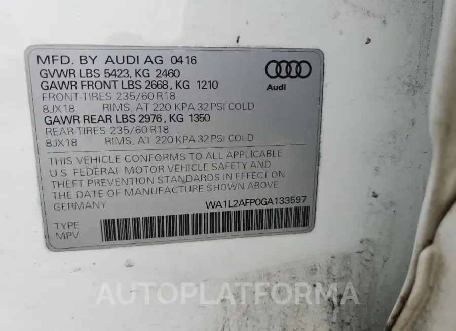 AUDI Q5 PREMIUM 2016 vin WA1L2AFP0GA133597 from auto auction Copart