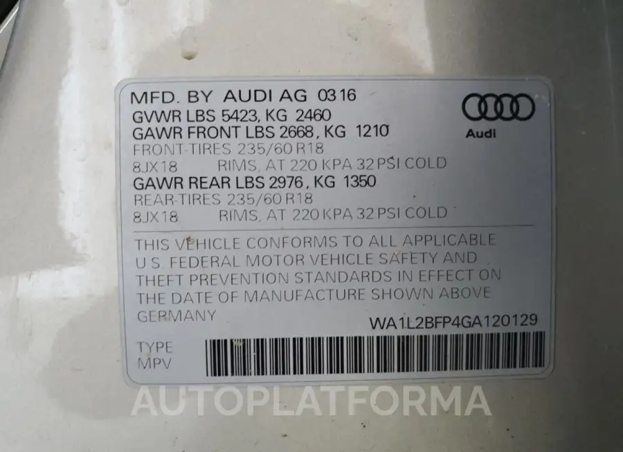 AUDI Q5 PREMIUM 2016 vin WA1L2BFP4GA120129 from auto auction Copart