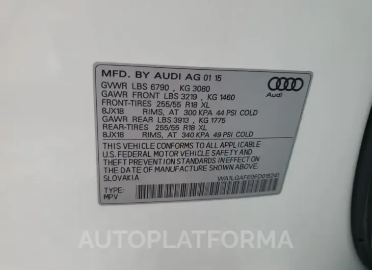 AUDI Q7 PREMIUM 2015 vin WA1LGAFE0FD015241 from auto auction Copart