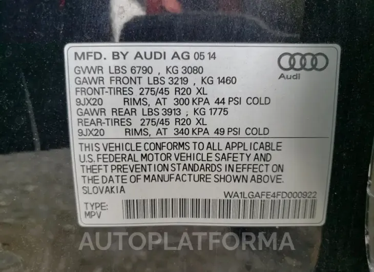 AUDI Q7 PREMIUM 2015 vin WA1LGAFE4FD000922 from auto auction Copart