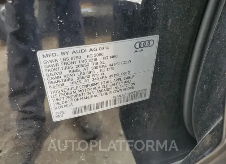 AUDI Q7 PREMIUM 2015 vin WA1LGAFE6FD008536 from auto auction Copart