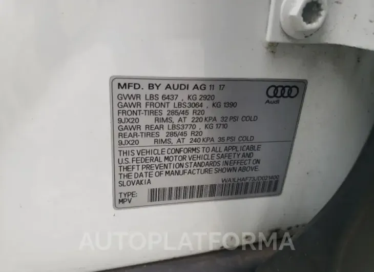 AUDI Q7 PREMIUM 2018 vin WA1LHAF73JD021400 from auto auction Copart