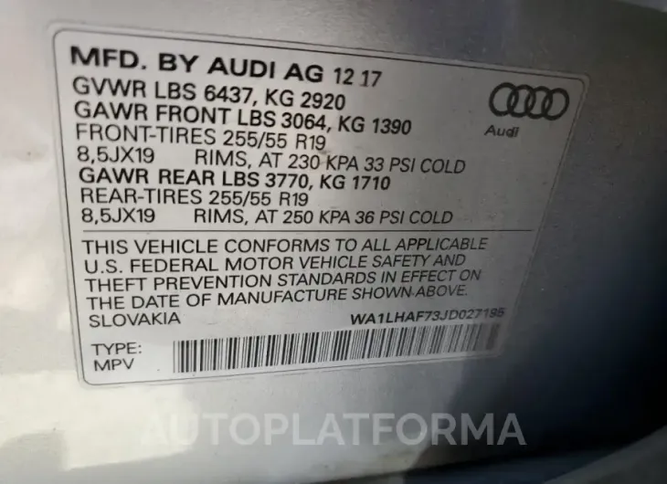 AUDI Q7 PREMIUM 2018 vin WA1LHAF73JD027195 from auto auction Copart