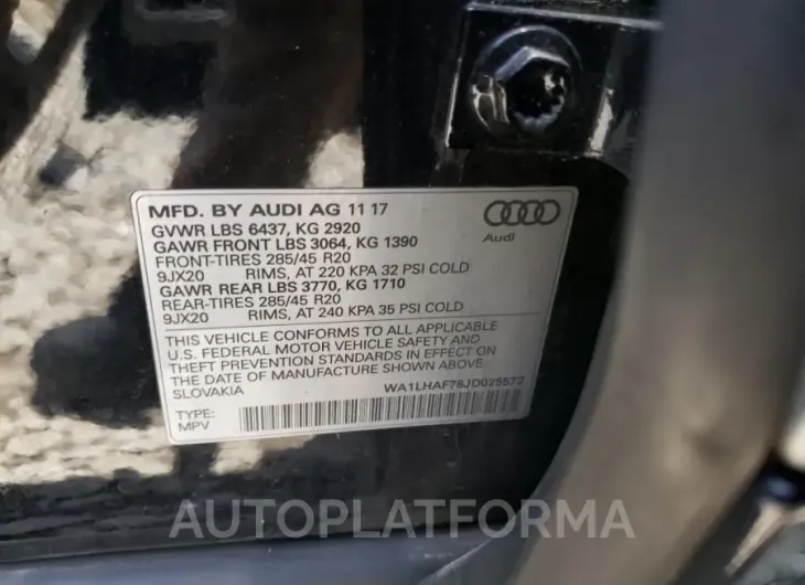 AUDI Q7 PREMIUM 2018 vin WA1LHAF78JD025572 from auto auction Copart