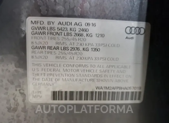 AUDI Q5 PREMIUM 2017 vin WA1M2AFP8HA057018 from auto auction Copart