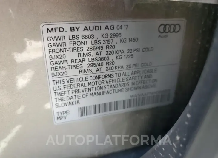 AUDI Q7 PRESTIG 2017 vin WA1VAAF74HD055515 from auto auction Copart