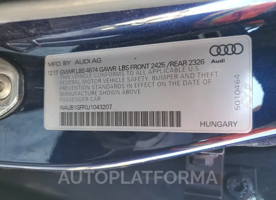 AUDI S3 PREMIUM 2018 vin WAUB1GFF0J1043207 from auto auction Copart