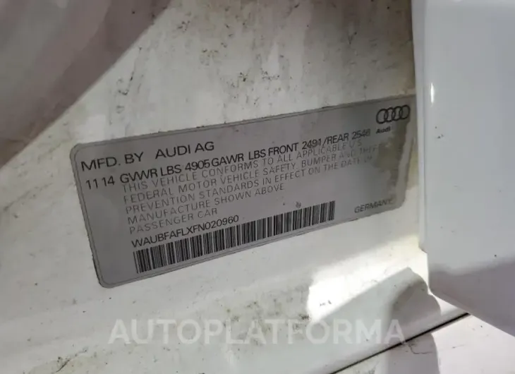 AUDI A4 PREMIUM 2015 vin WAUBFAFLXFN020960 from auto auction Copart