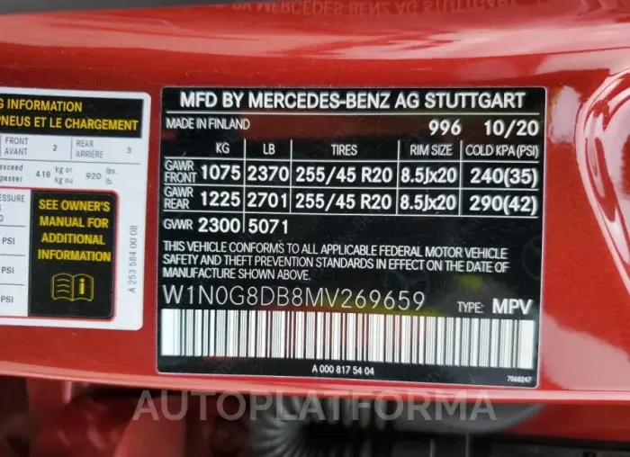 MERCEDES-BENZ GLC 300 2021 vin W1N0G8DB8MV269659 from auto auction Copart