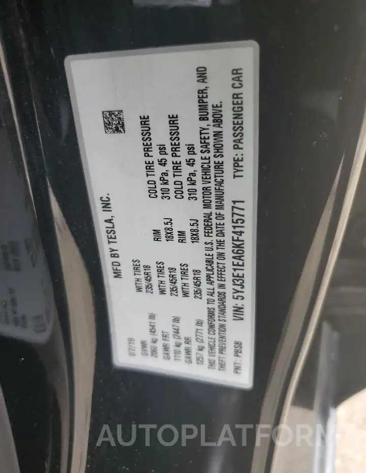 TESLA MODEL 3 2019 vin 5YJ3E1EA6KF415771 from auto auction Copart