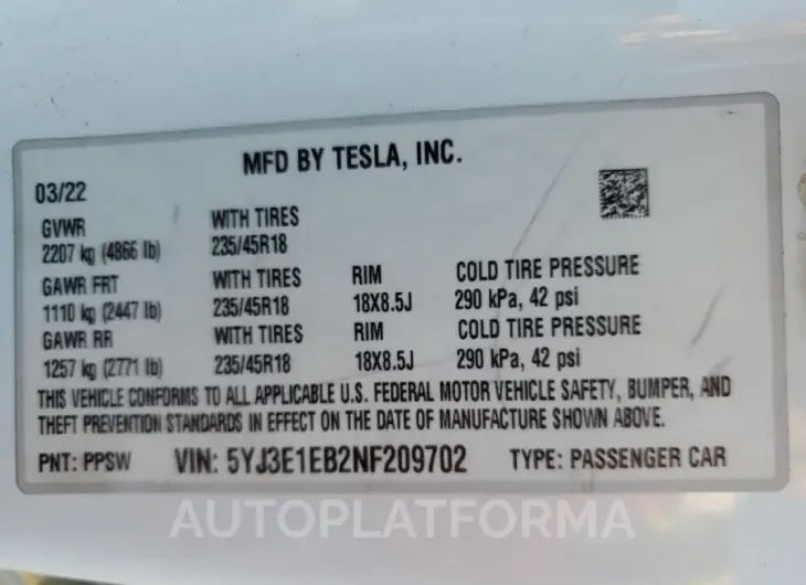 TESLA MODEL 3 2022 vin 5YJ3E1EB2NF209702 from auto auction Copart