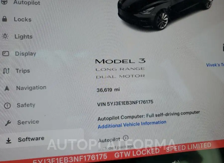 TESLA MODEL 3 2022 vin 5YJ3E1EB3NF176175 from auto auction Copart