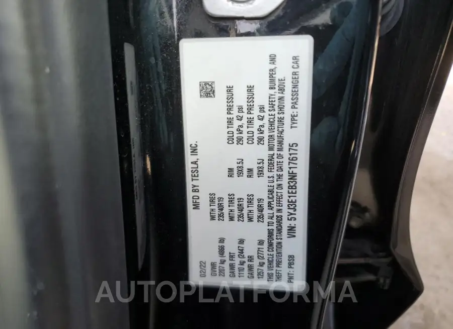 TESLA MODEL 3 2022 vin 5YJ3E1EB3NF176175 from auto auction Copart