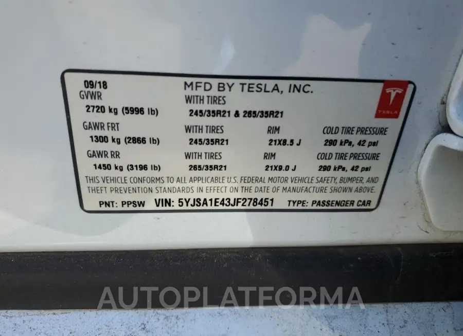 TESLA MODEL S 2018 vin 5YJSA1E43JF278451 from auto auction Copart