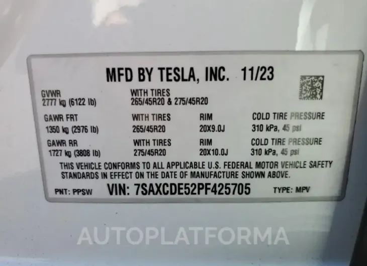 TESLA MODEL X 2023 vin 7SAXCDE52PF425705 from auto auction Copart