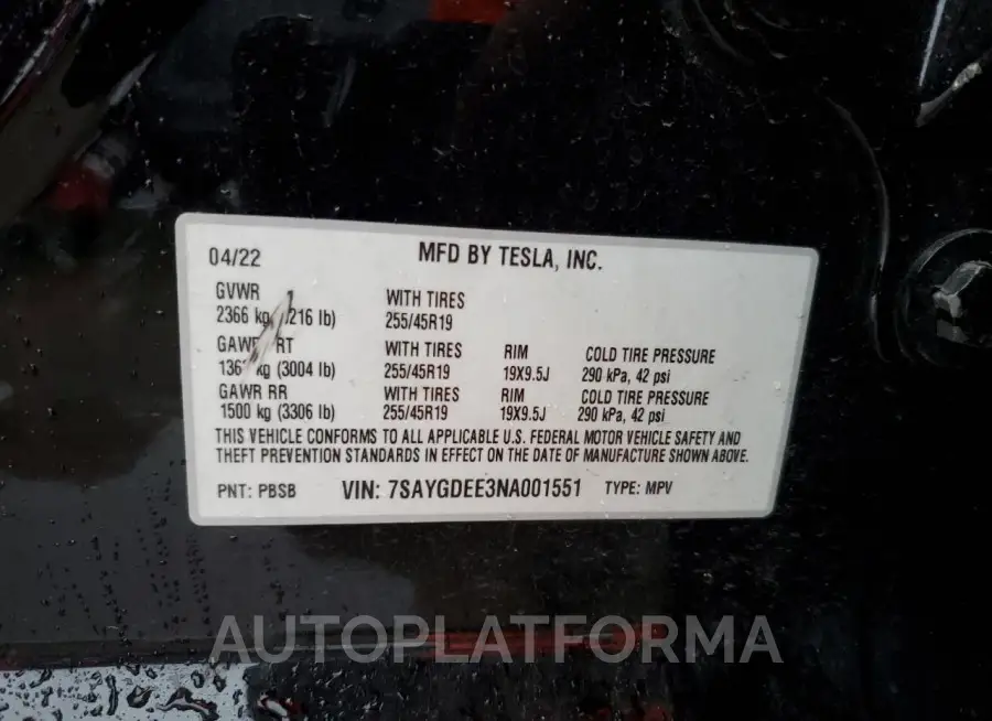 TESLA MODEL Y 2022 vin 7SAYGDEE3NA001551 from auto auction Copart