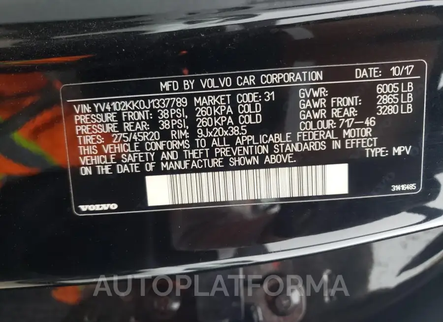 VOLVO XC90 T5 2018 vin YV4102KK0J1337789 from auto auction Copart