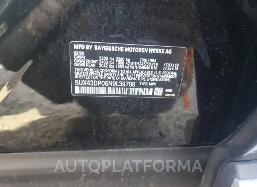 BMW X3 SDRIVE3 2022 vin 5UX43DP06N9L39708 from auto auction Copart