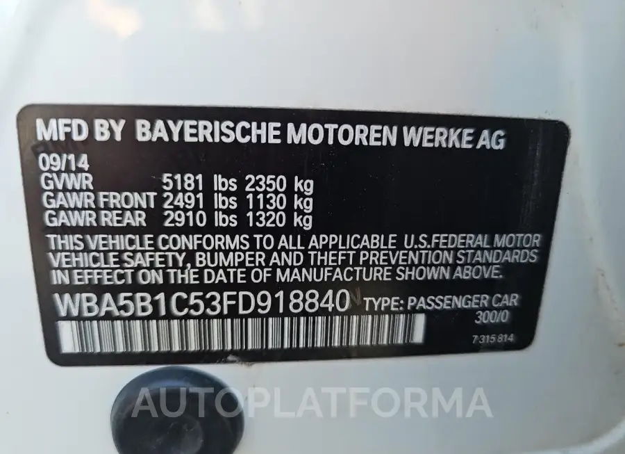 BMW 535 I 2015 vin WBA5B1C53FD918840 from auto auction Copart