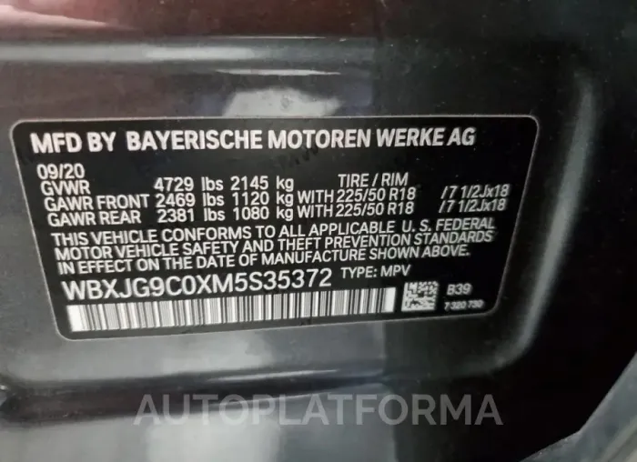 BMW X1 XDRIVE2 2021 vin WBXJG9C0XM5S35372 from auto auction Copart