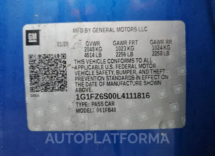 CHEVROLET BOLT EV PR 2020 vin 1G1FZ6S00L4111816 from auto auction Copart