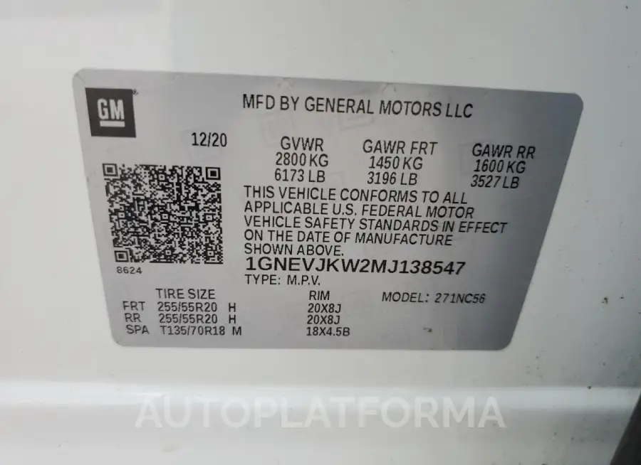 CHEVROLET TRAVERSE R 2021 vin 1GNEVJKW2MJ138547 from auto auction Copart