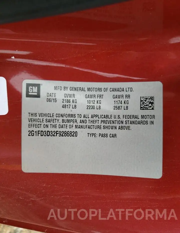 CHEVROLET CAMARO LT 2015 vin 2G1FD3D32F9286820 from auto auction Copart