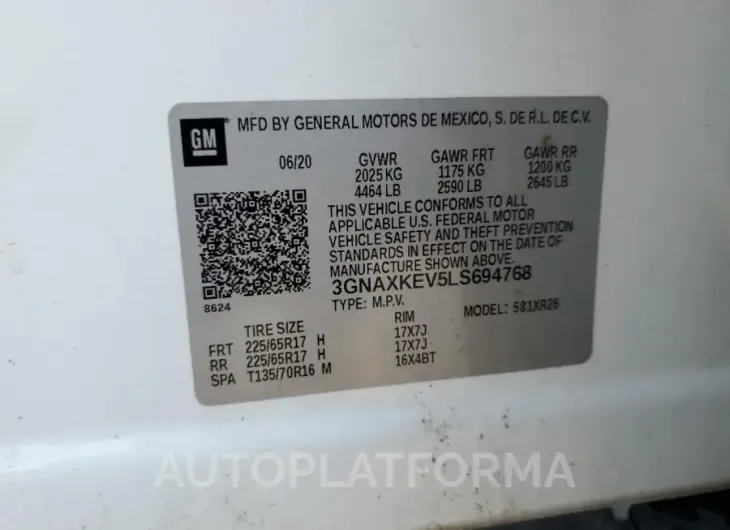 CHEVROLET EQUINOX LT 2020 vin 3GNAXKEV5LS694768 from auto auction Copart