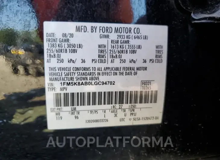 FORD EXPLORER P 2020 vin 1FM5K8AB0LGC94702 from auto auction Copart