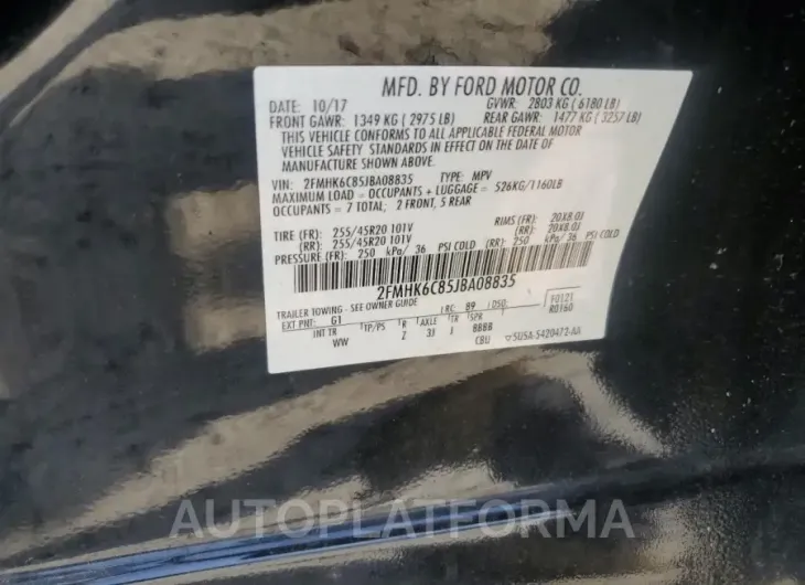 FORD FLEX SEL 2018 vin 2FMHK6C85JBA08835 from auto auction Copart