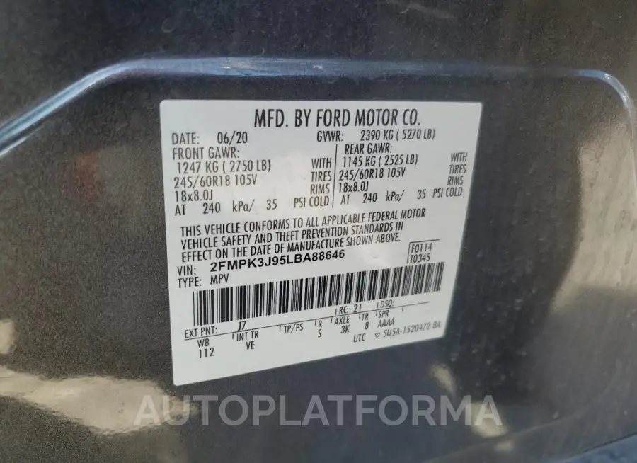 FORD EDGE SEL 2020 vin 2FMPK3J95LBA88646 from auto auction Copart