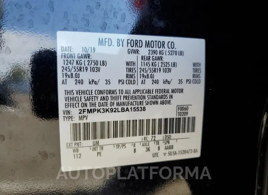 FORD EDGE TITAN 2020 vin 2FMPK3K92LBA15538 from auto auction Copart