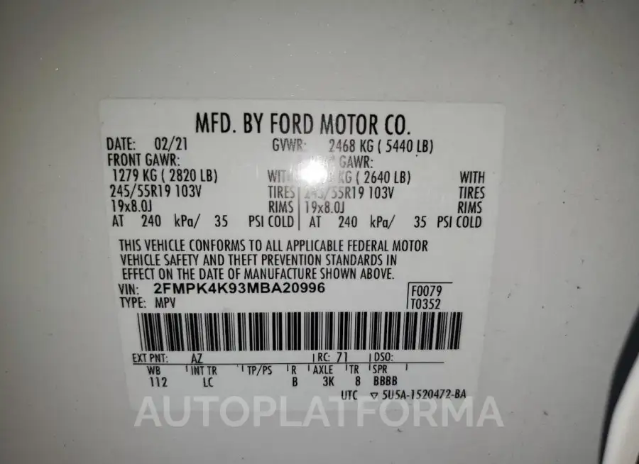 FORD EDGE TITAN 2021 vin 2FMPK4K93MBA20996 from auto auction Copart